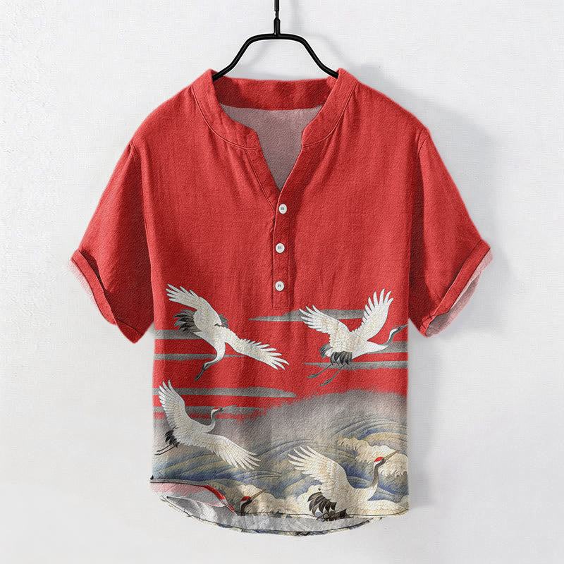 Nimara Ritual Cotton Crane Waves Pattern Men's Short Sleeve Half Button Shirt