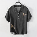 Nimara Ritual Cotton Simple Crane Red Sun Pine Pattern Men's Short Sleeve Half Button Shirt