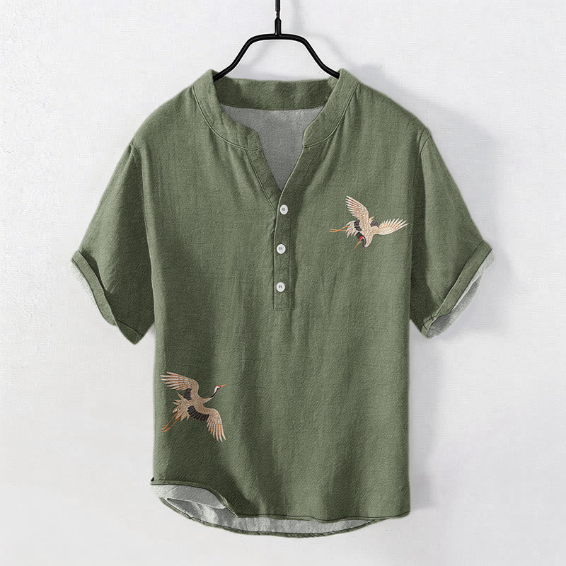 Nimara Ritual Cotton Simple Crane Red Sun Pine Pattern Men's Short Sleeve Half Button Shirt