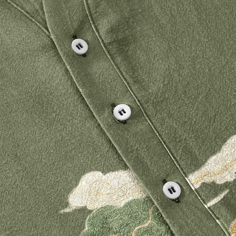Nimara Ritual Cotton Crane Auspicious Clouds Landscapes Pattern Men's Short Sleeve Half Button Shirt