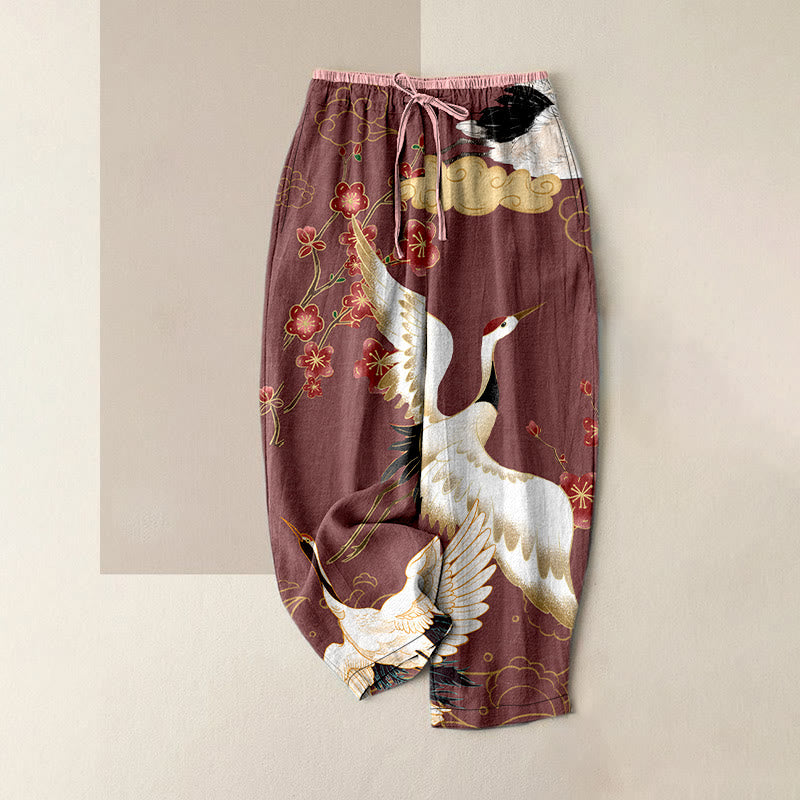 Nimara Ritual Cotton Casual Cranes Flowers Auspicious Clouds Pattern Women's Elastic Waist Pants With Pockets