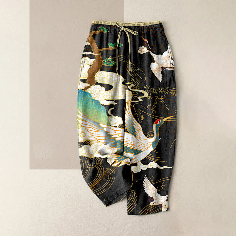Nimara Ritual Cotton Casual Flying Cranes Auspicious Clouds Tree Women's Elastic Waist Pants With Pockets