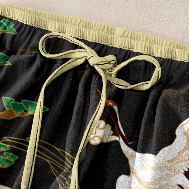 Nimara Ritual Cotton Casual Flying Cranes Auspicious Clouds Tree Women's Elastic Waist Pants With Pockets