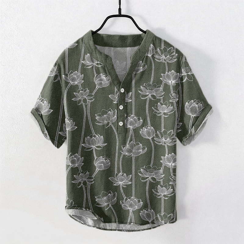 Nimara Ritual Cotton Harmonious Lotus Pattern Men's Short Sleeve Half Button Shirt
