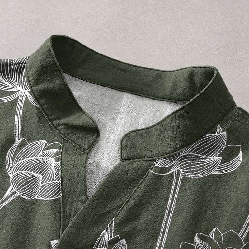 Nimara Ritual Cotton Harmonious Lotus Pattern Men's Short Sleeve Half Button Shirt