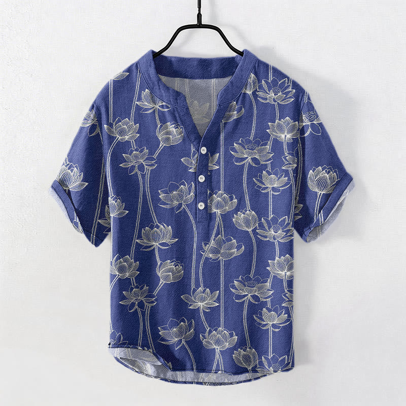 Nimara Ritual Cotton Harmonious Lotus Pattern Men's Short Sleeve Half Button Shirt