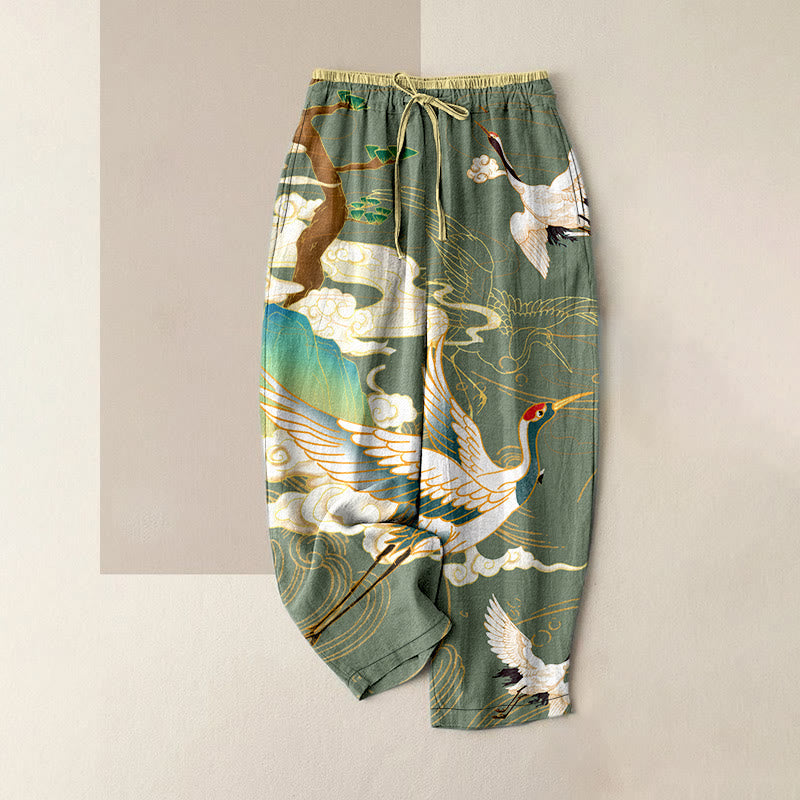 Nimara Ritual Cotton Casual Flying Cranes Auspicious Clouds Tree Women's Elastic Waist Pants With Pockets