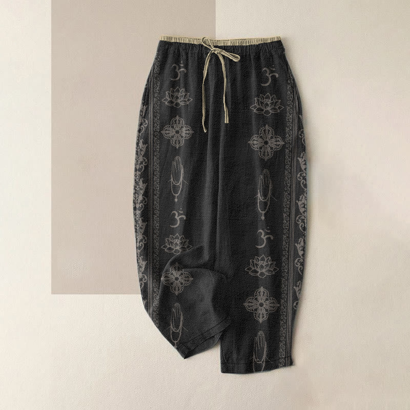 Nimara Ritual Cotton Casual Lotus Flowers Double Dorje Vajra Namaste Om Design Women's Elastic Waist Pants With Pockets