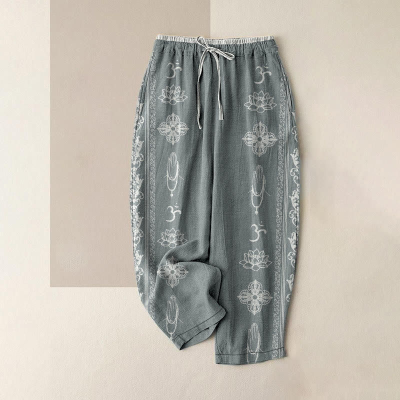 Nimara Ritual Cotton Casual Lotus Flowers Double Dorje Vajra Namaste Om Design Women's Elastic Waist Pants With Pockets