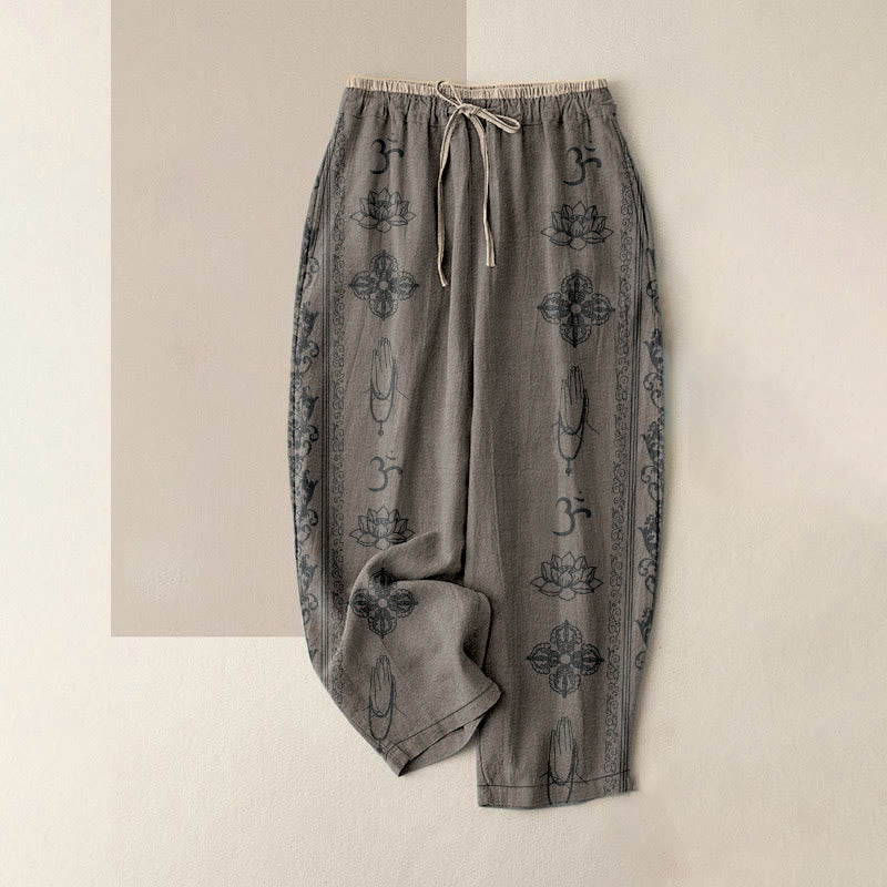 Nimara Ritual Cotton Casual Lotus Flowers Double Dorje Vajra Namaste Om Design Women's Elastic Waist Pants With Pockets