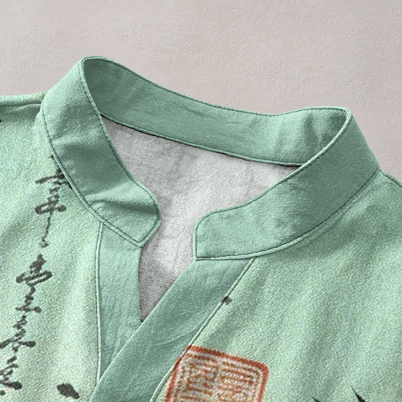 Nimara Ritual Cotton Gradient Calligraphy Bamboo Ink Painting Pattern Men's Short Sleeve Half Button Shirt