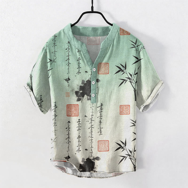 Nimara Ritual Cotton Gradient Calligraphy Bamboo Ink Painting Pattern Men's Short Sleeve Half Button Shirt