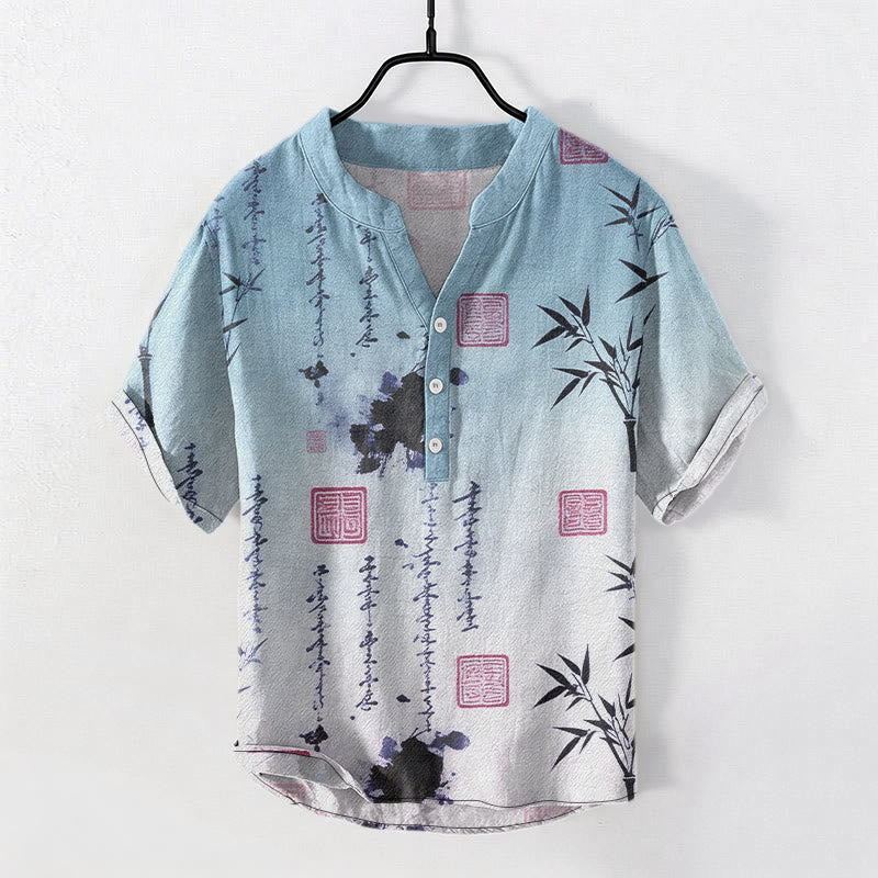 Nimara Ritual Cotton Gradient Calligraphy Bamboo Ink Painting Pattern Men's Short Sleeve Half Button Shirt