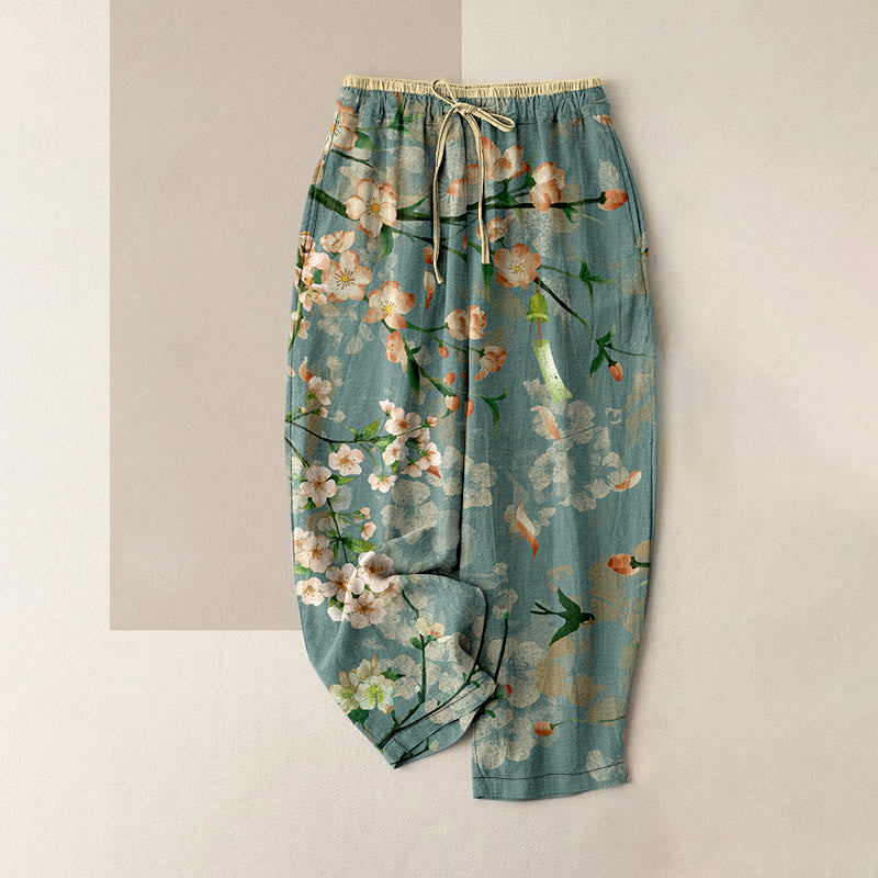 Nimara Ritual Cotton Casual Peach Blossoms Flying Geese Pattern Women's Elastic Waist Pants With Pockets