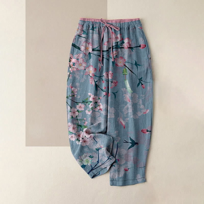 Nimara Ritual Cotton Casual Peach Blossoms Flying Geese Pattern Women's Elastic Waist Pants With Pockets