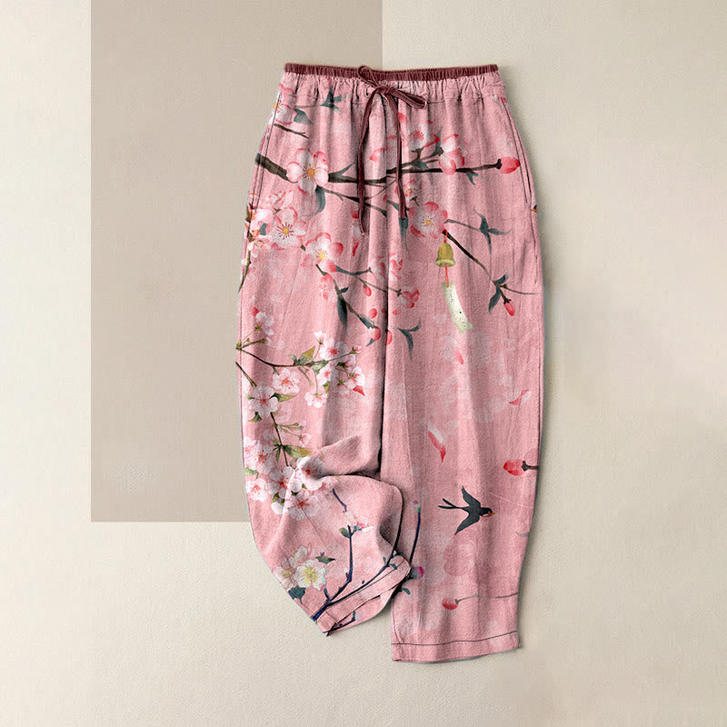 Nimara Ritual Cotton Casual Peach Blossoms Flying Geese Pattern Women's Elastic Waist Pants With Pockets