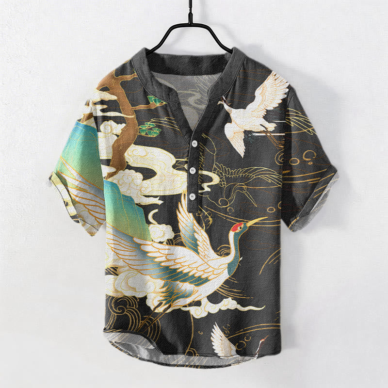Nimara Ritual Cotton Crane Auspicious Clouds Pine Pattern Men's Short Sleeve Half Button Shirt