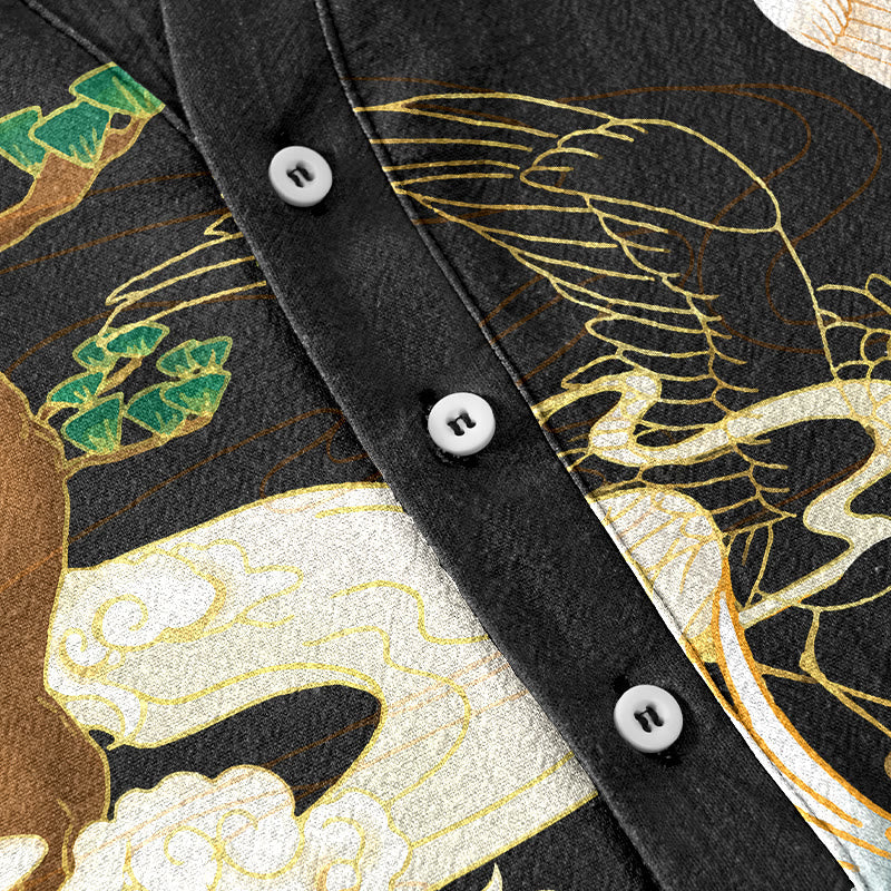 Nimara Ritual Cotton Crane Auspicious Clouds Pine Pattern Men's Short Sleeve Half Button Shirt