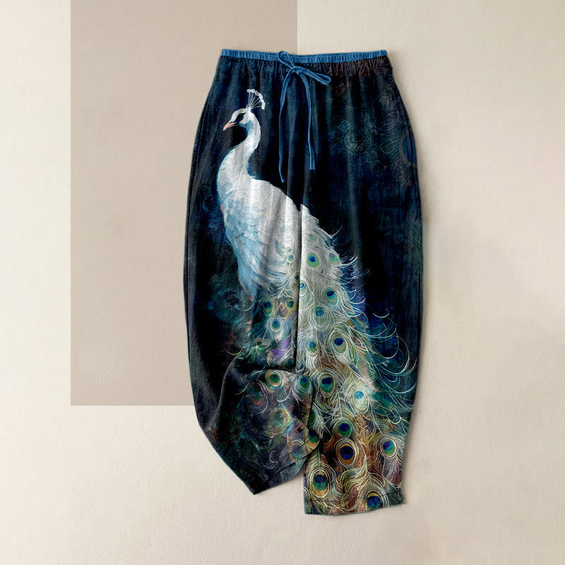 Nimara Ritual Cotton Casual Gorgeous Peacock Pattern Women's Elastic Waist Pants With Pockets