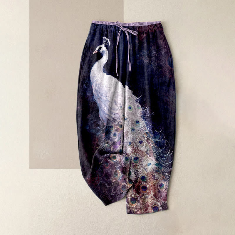 Nimara Ritual Cotton Casual Gorgeous Peacock Pattern Women's Elastic Waist Pants With Pockets