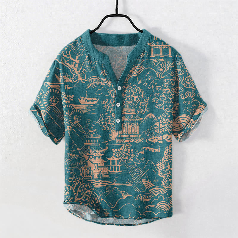 Nimara Ritual Cotton Nature Towers Landscape Pattern Men's Short Sleeve Half Button Shirt