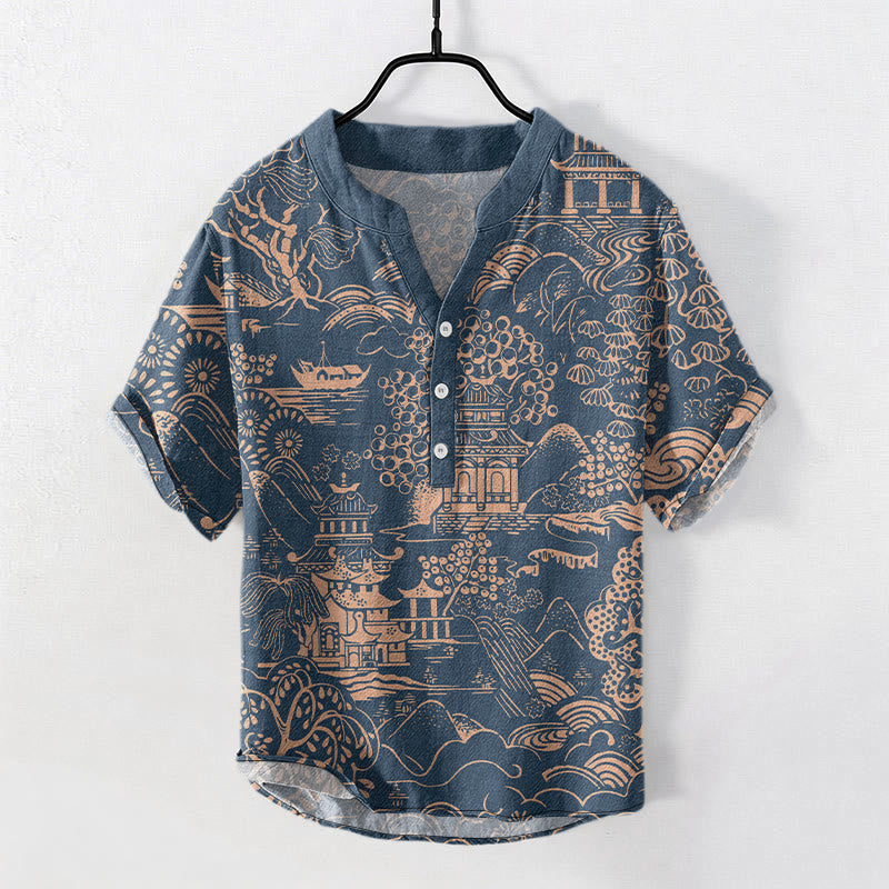 Nimara Ritual Cotton Nature Towers Landscape Pattern Men's Short Sleeve Half Button Shirt