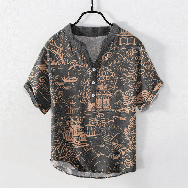 Nimara Ritual Cotton Nature Towers Landscape Pattern Men's Short Sleeve Half Button Shirt