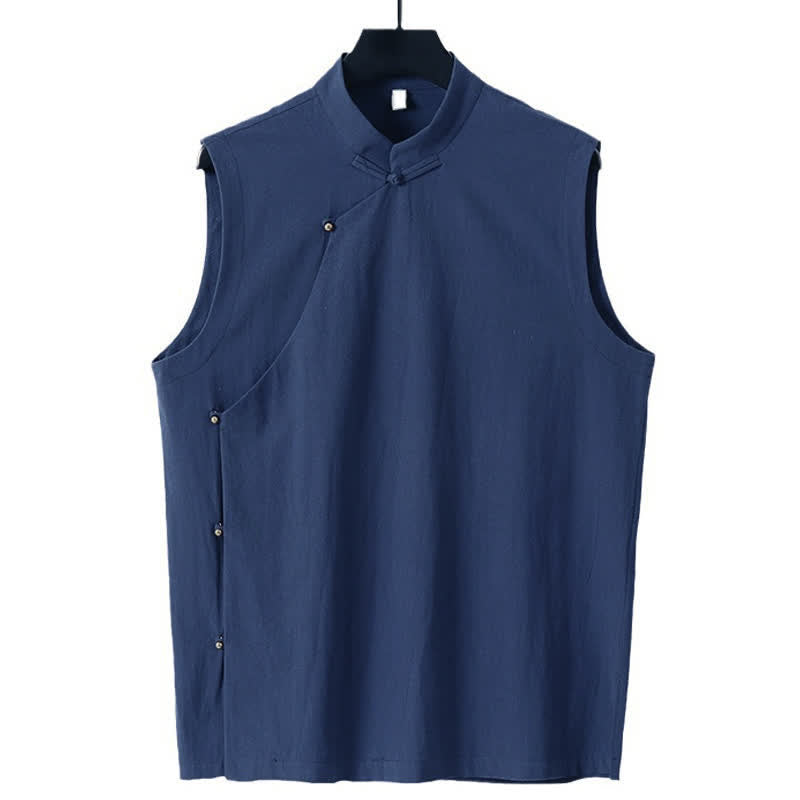 Nimara Ritual Summer Solid Color Stand Collar Frog-Button Men's Cotton Linen Sleeveless Vest