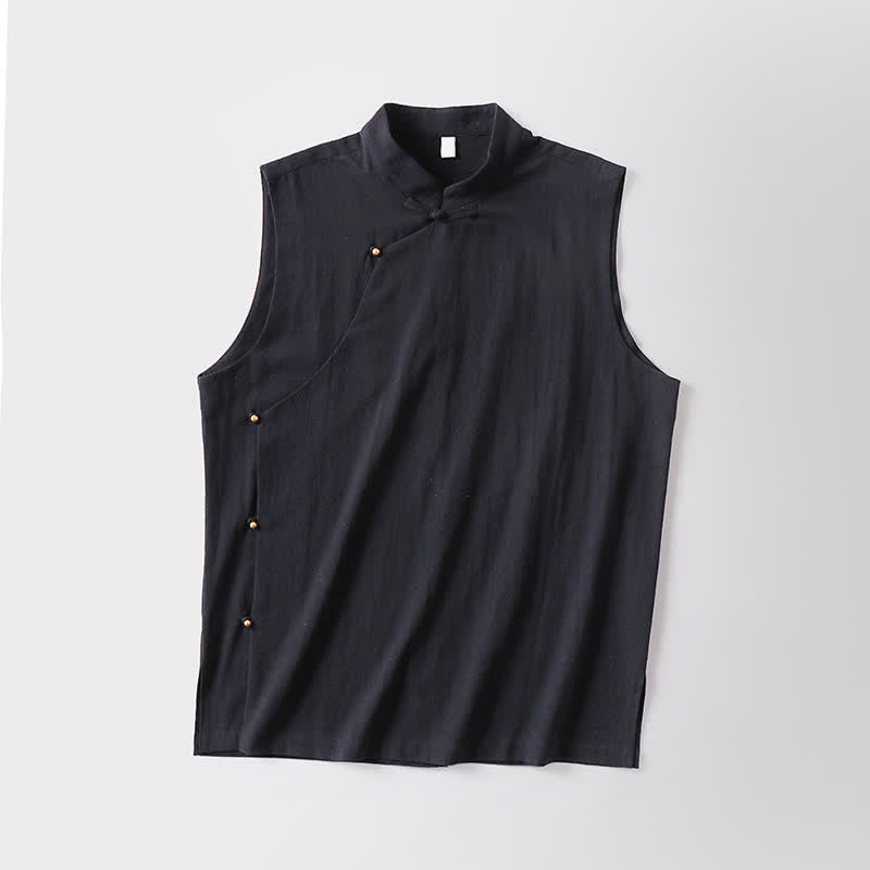 Nimara Ritual Summer Solid Color Stand Collar Frog-Button Men's Cotton Linen Sleeveless Vest