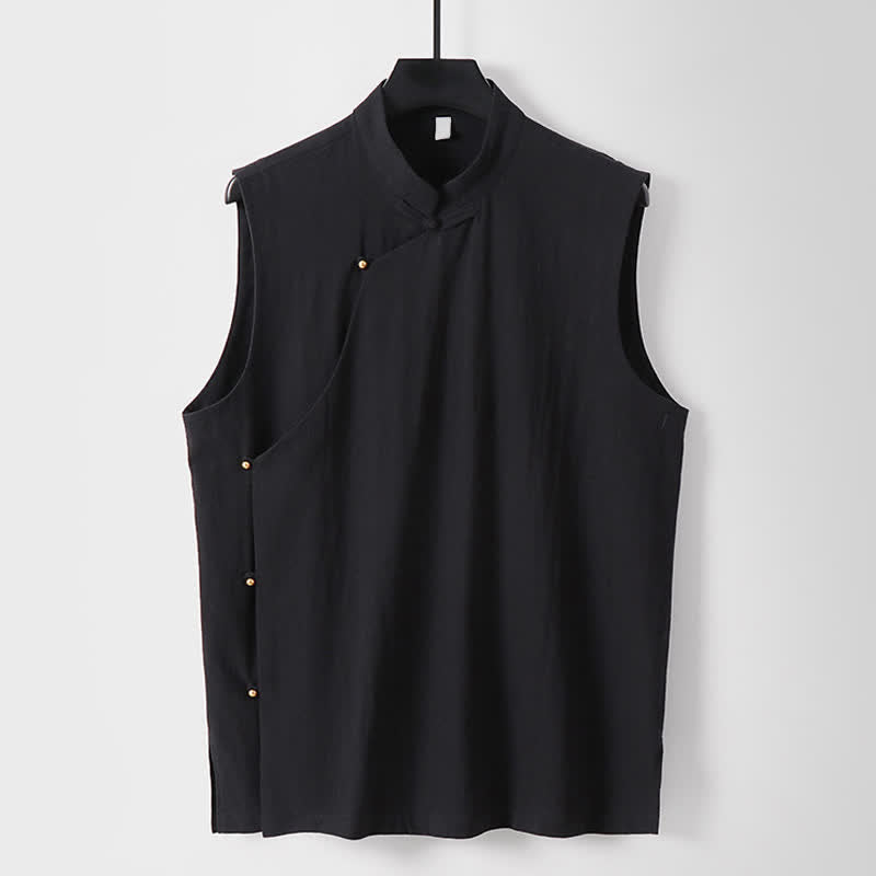 Nimara Ritual Summer Solid Color Stand Collar Frog-Button Men's Cotton Linen Sleeveless Vest