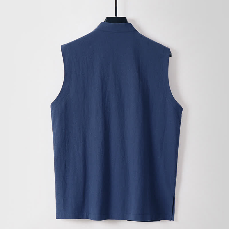 Nimara Ritual Summer Solid Color Stand Collar Frog-Button Men's Cotton Linen Sleeveless Vest