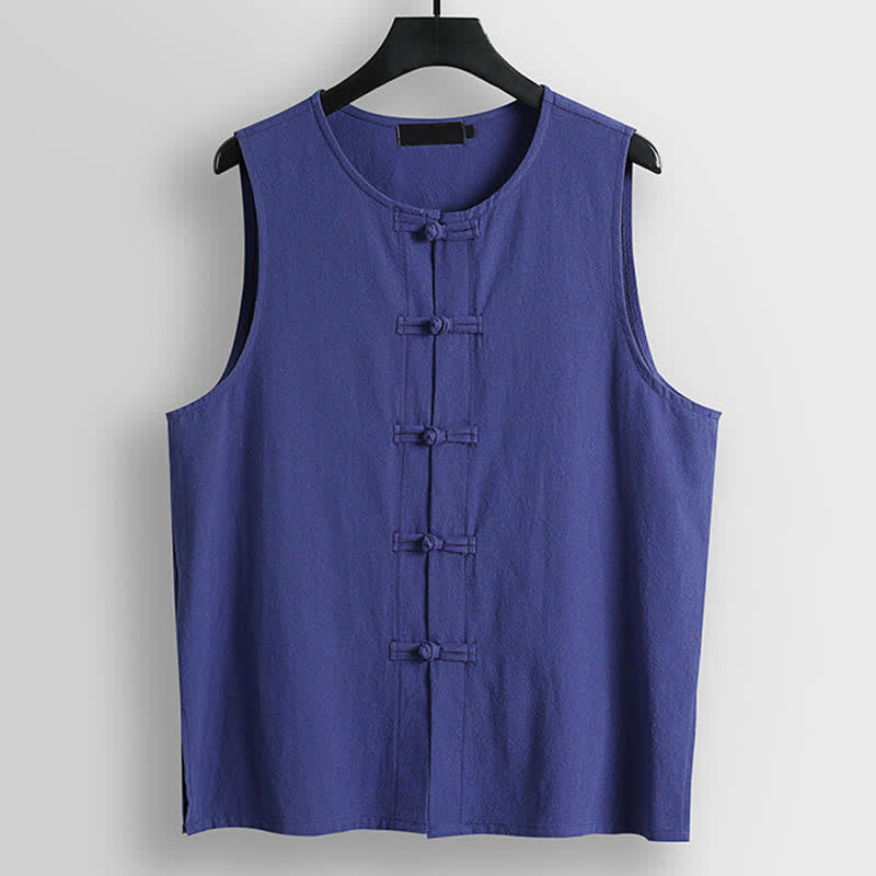 Nimara Ritual Retro Frog-Button Crew Neck Men's Cotton Linen Sleeveless Vest