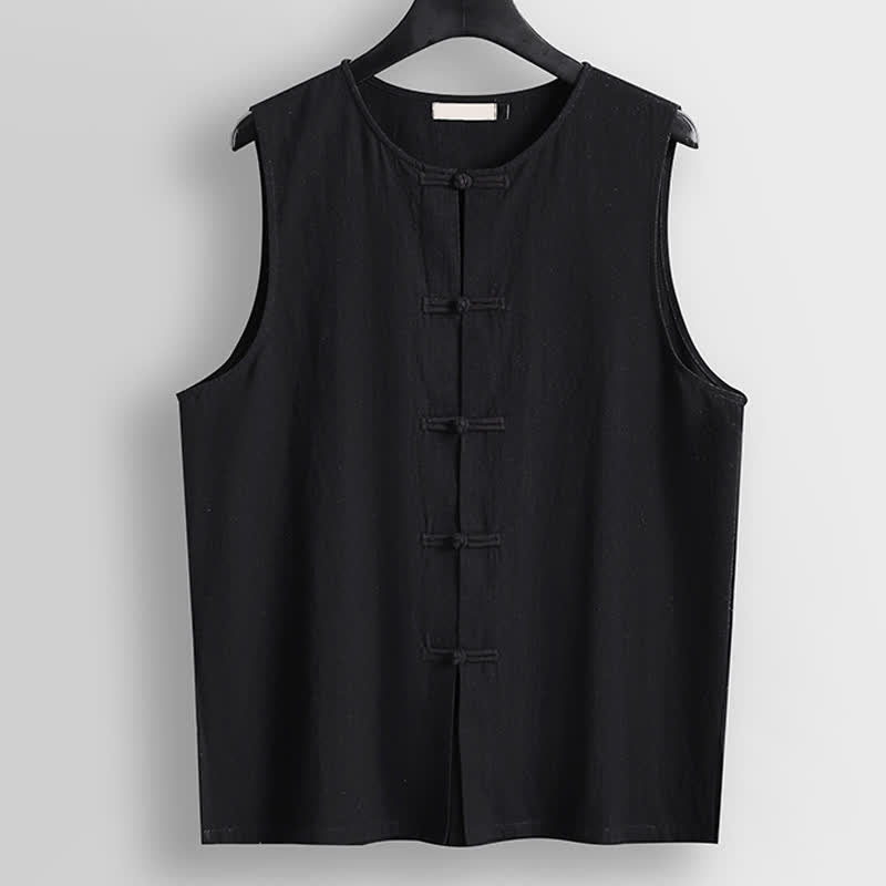 Nimara Ritual Retro Frog-Button Crew Neck Men's Cotton Linen Sleeveless Vest