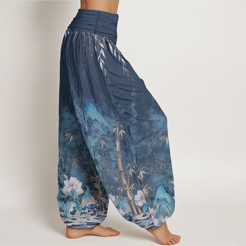 Nimara Ritual Cotton Natural Landscape Bamboo Flowers Pattern Women's Elastic Waist Harem Pants