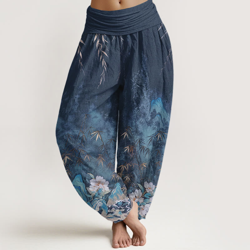 Nimara Ritual Cotton Natural Landscape Bamboo Flowers Pattern Women's Elastic Waist Harem Pants