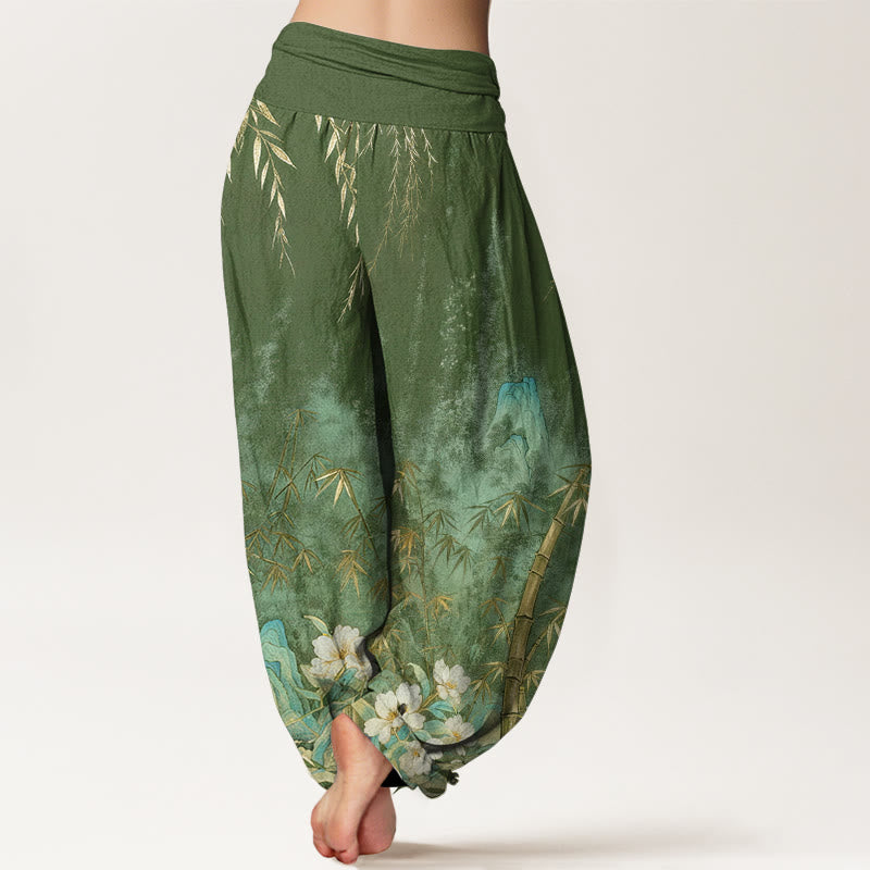 Nimara Ritual Cotton Natural Landscape Bamboo Flowers Pattern Women's Elastic Waist Harem Pants