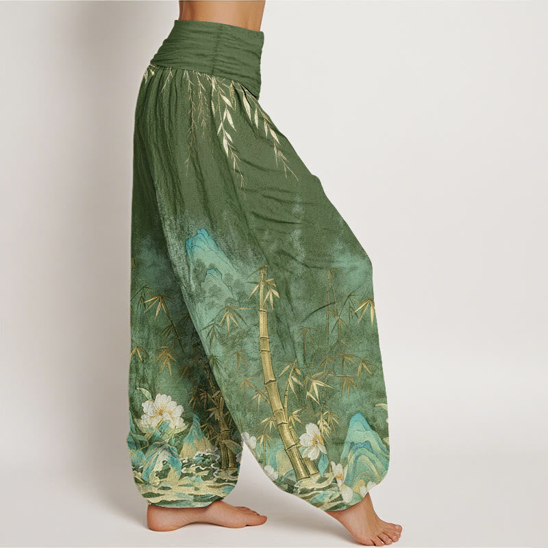 Nimara Ritual Cotton Natural Landscape Bamboo Flowers Pattern Women's Elastic Waist Harem Pants