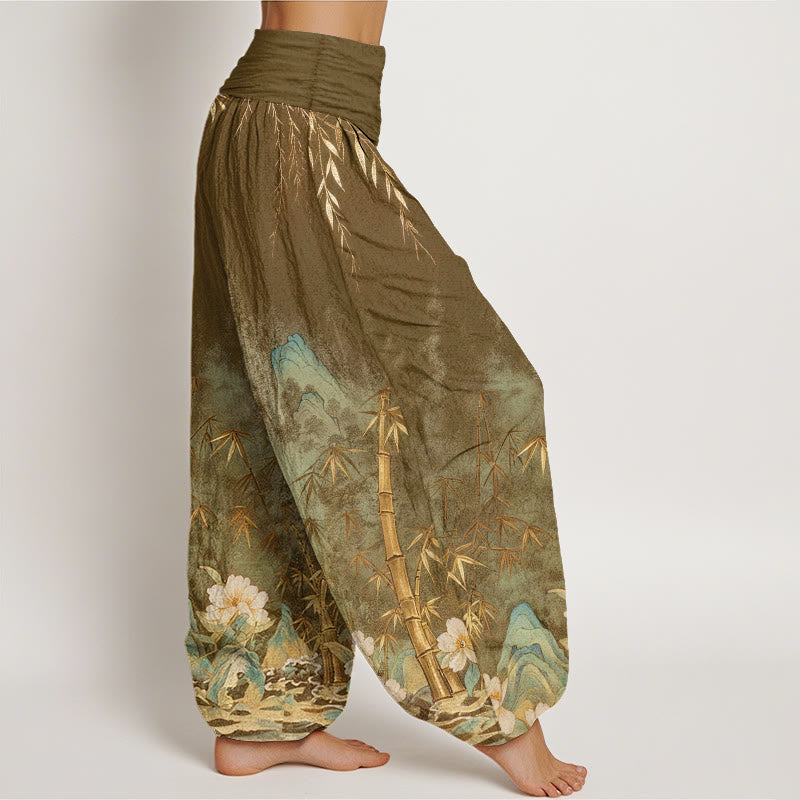 Nimara Ritual Cotton Natural Landscape Bamboo Flowers Pattern Women's Elastic Waist Harem Pants