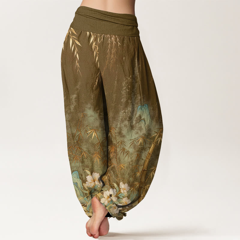 Nimara Ritual Cotton Natural Landscape Bamboo Flowers Pattern Women's Elastic Waist Harem Pants