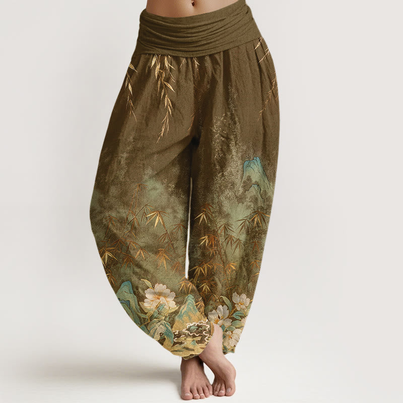 Nimara Ritual Cotton Natural Landscape Bamboo Flowers Pattern Women's Elastic Waist Harem Pants