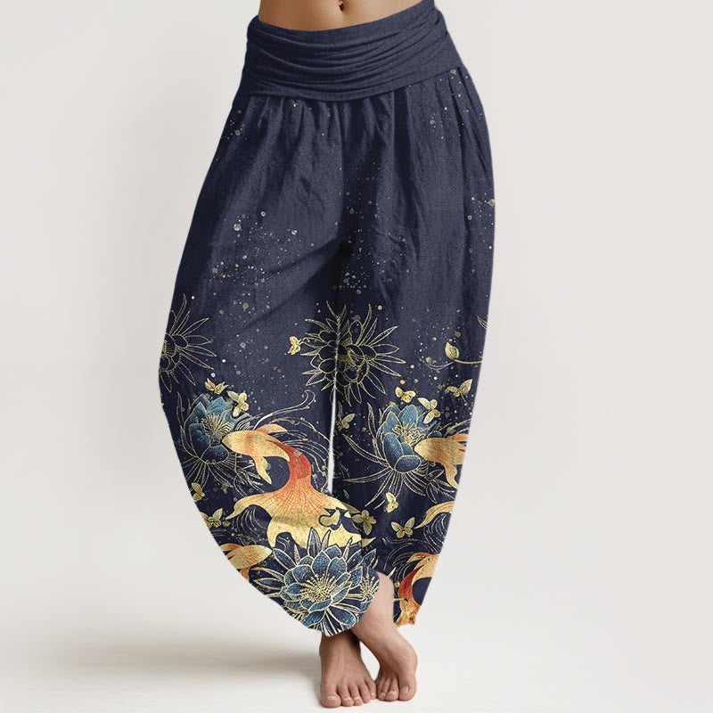 Nimara Ritual Cotton Butterfly Koi Fish Lotus Pattern Women's Elastic Waist Harem Pants