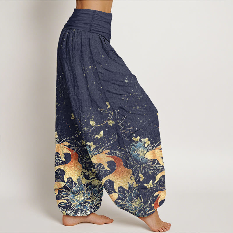 Nimara Ritual Cotton Butterfly Koi Fish Lotus Pattern Women's Elastic Waist Harem Pants