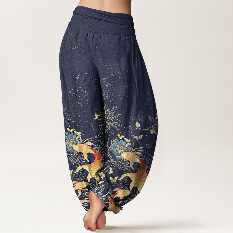 Nimara Ritual Cotton Butterfly Koi Fish Lotus Pattern Women's Elastic Waist Harem Pants