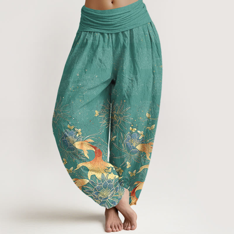 Nimara Ritual Cotton Butterfly Koi Fish Lotus Pattern Women's Elastic Waist Harem Pants