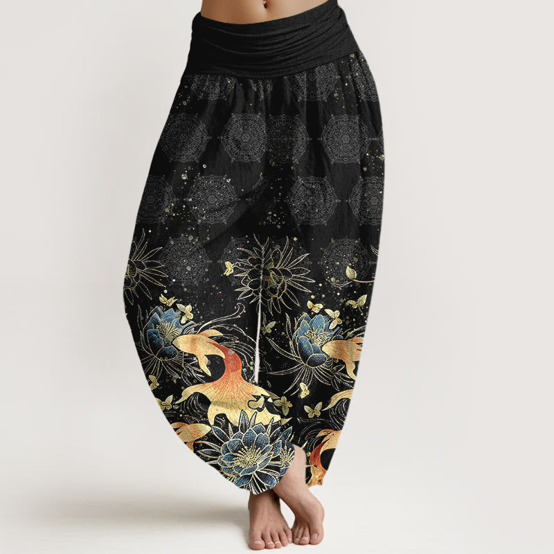 Nimara Ritual Cotton Butterfly Koi Fish Lotus Pattern Women's Elastic Waist Harem Pants