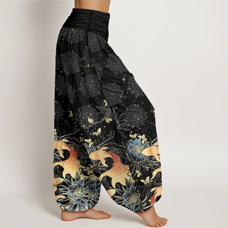 Nimara Ritual Cotton Butterfly Koi Fish Lotus Pattern Women's Elastic Waist Harem Pants