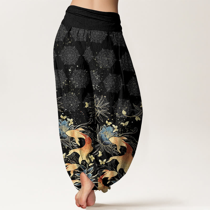 Nimara Ritual Cotton Butterfly Koi Fish Lotus Pattern Women's Elastic Waist Harem Pants