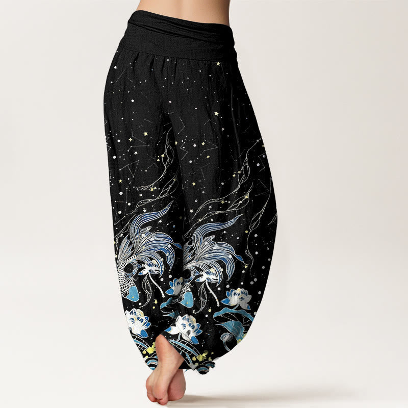 Nimara Ritual Cotton Starry Sky Koi Fish Lotus Waves Pattern Women's Elastic Waist Harem Pants