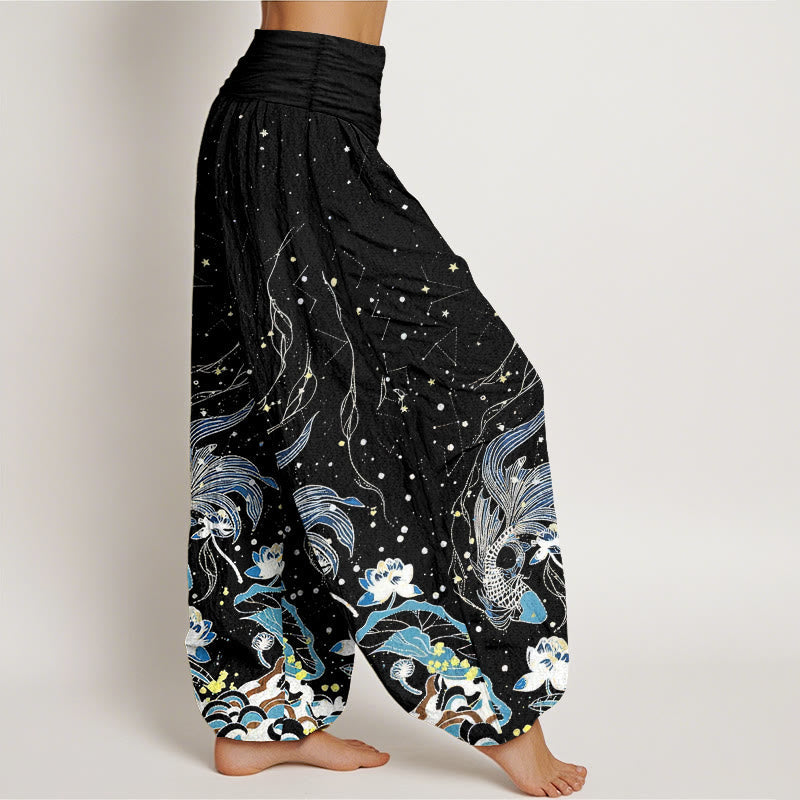 Nimara Ritual Cotton Starry Sky Koi Fish Lotus Waves Pattern Women's Elastic Waist Harem Pants