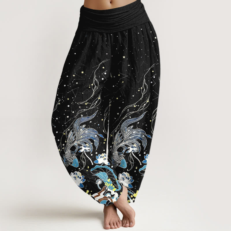 Nimara Ritual Cotton Starry Sky Koi Fish Lotus Waves Pattern Women's Elastic Waist Harem Pants